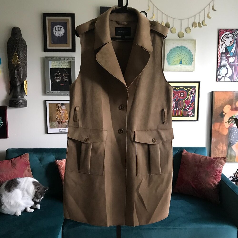 BANANA REPUBLIC size M Iced Latte Exaggerated Collar Long Vest Faux SuedeVegan